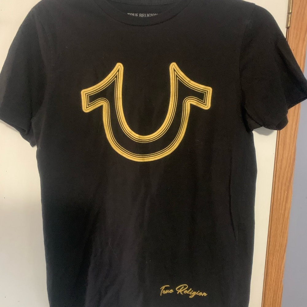 True Religion Black Tee with Yellow Emblem